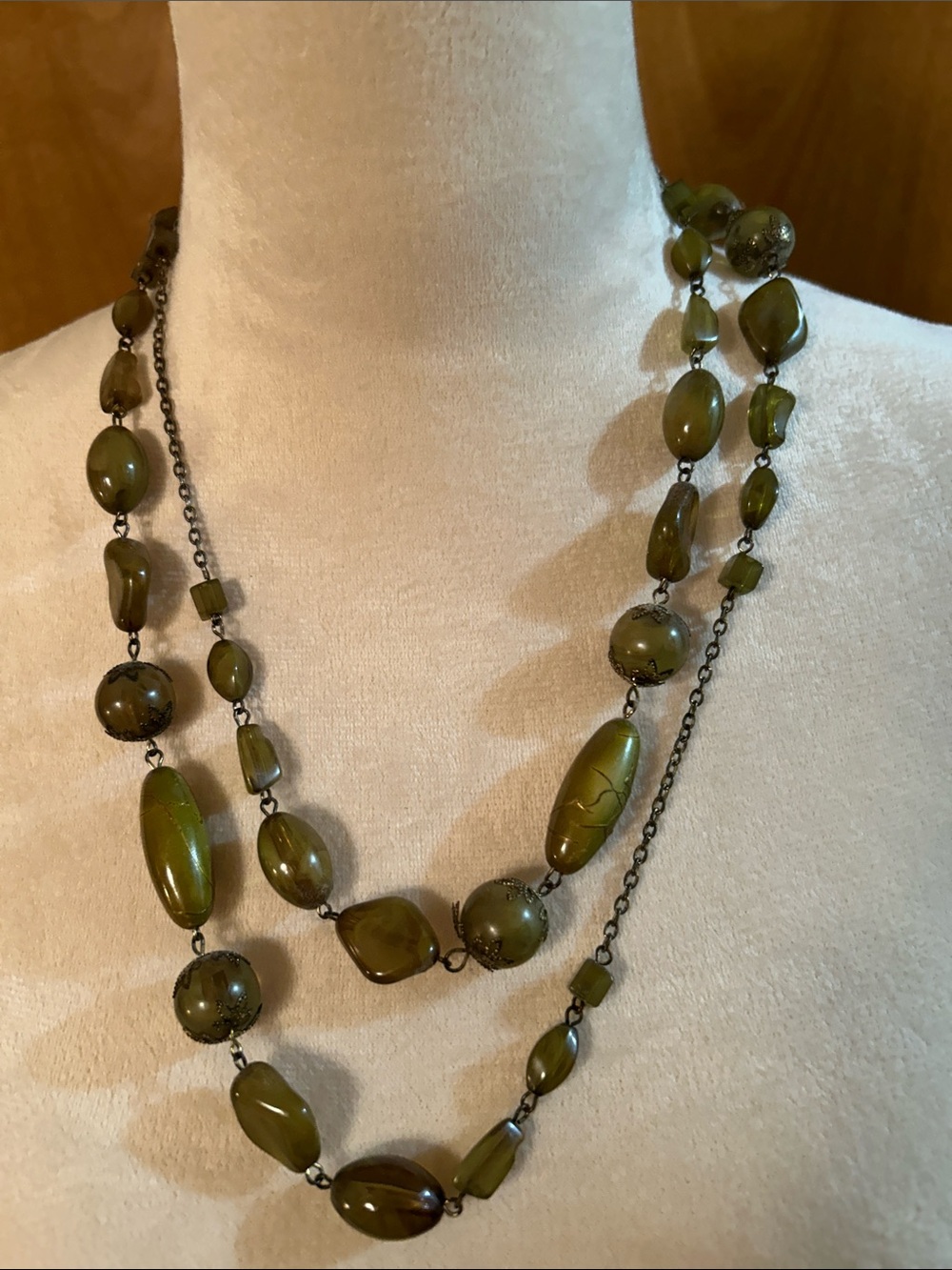 Vintage Olive Green glass Beaded Long Necklace.